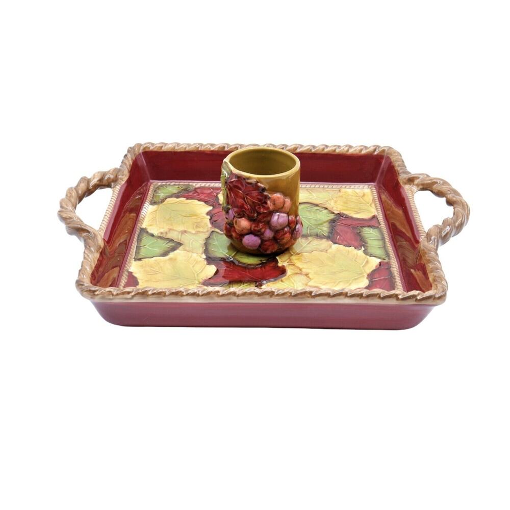 Serving Platter Dish & Dip Cup Fall Autumn Leaves 8.5"x10.5" Grasslands Road